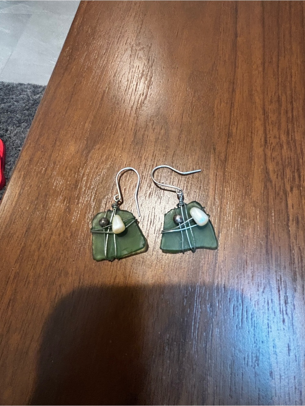 Handmade Green Sea Glass Drop Earrings with saltwater Pearl Accent. Sterling sil